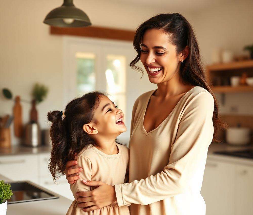 Mãe e filha sorrindo juntas
