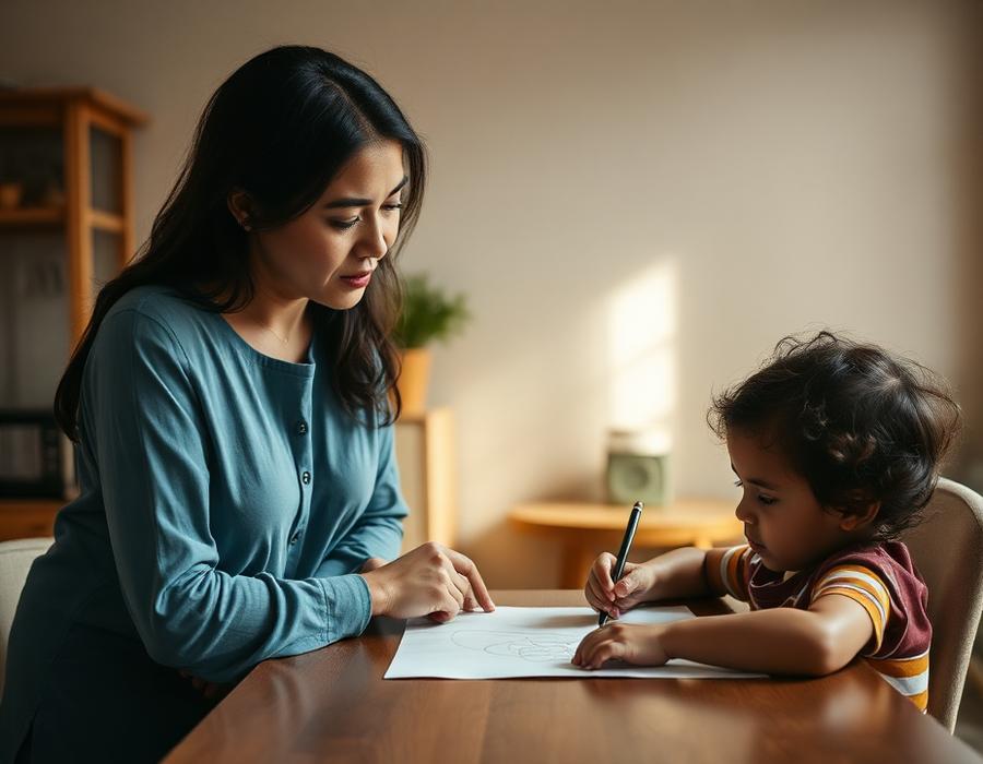 Mãe observando o filho desenhar