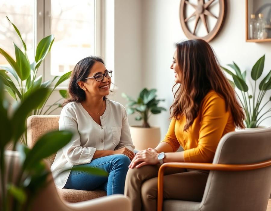 Mãe conversando com uma profissional